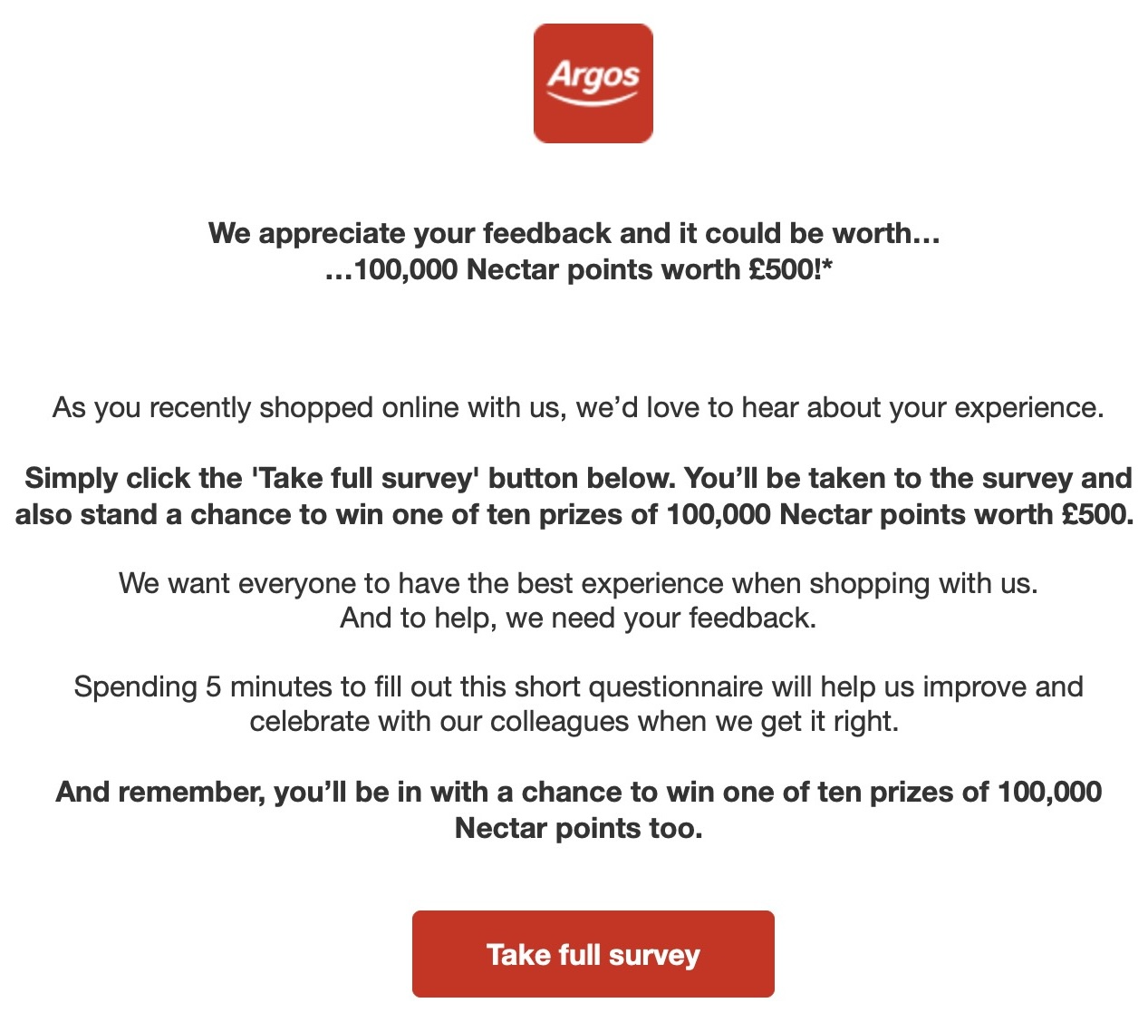 The email asks for feedback in exchange for a chance to win a prize.