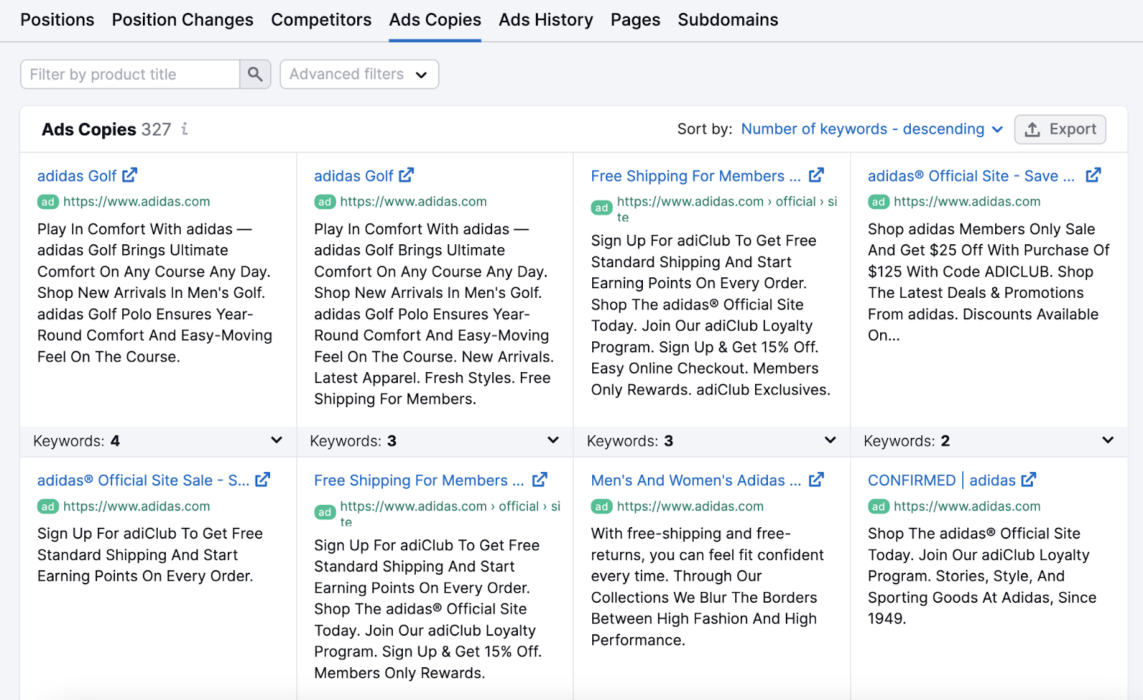 "Ads Copies" dashboard in Advertising Research tool