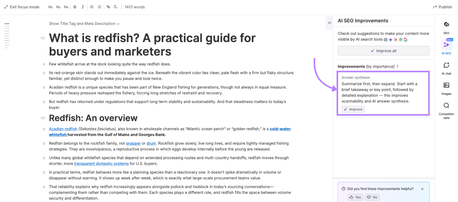 AI SEO recommendations for a clearer summary at the start