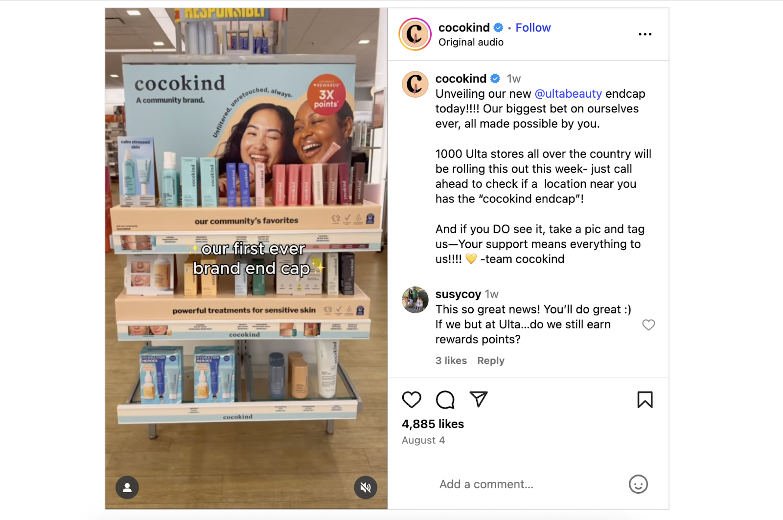 Instagram Reel shows the brand's end cap in store.