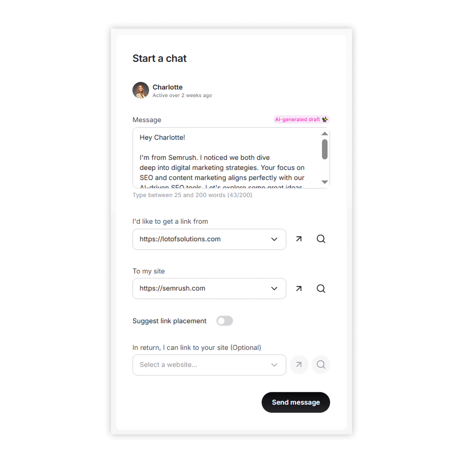 Chat window showing a draft message to Charlotte about link exchange between lotofsolutions.com and semrush.com.