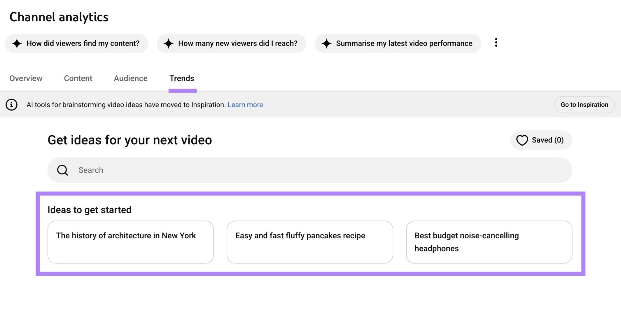 The "Trends" tab on Channel Analytics in YouTube Studio showing a list of trending video ideas to target.