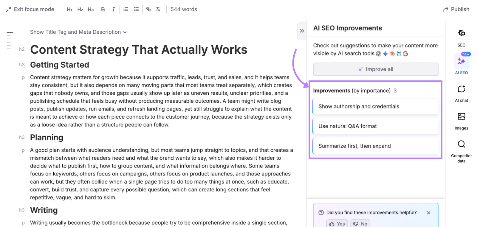 A list of recommended improvements for better AI optimization