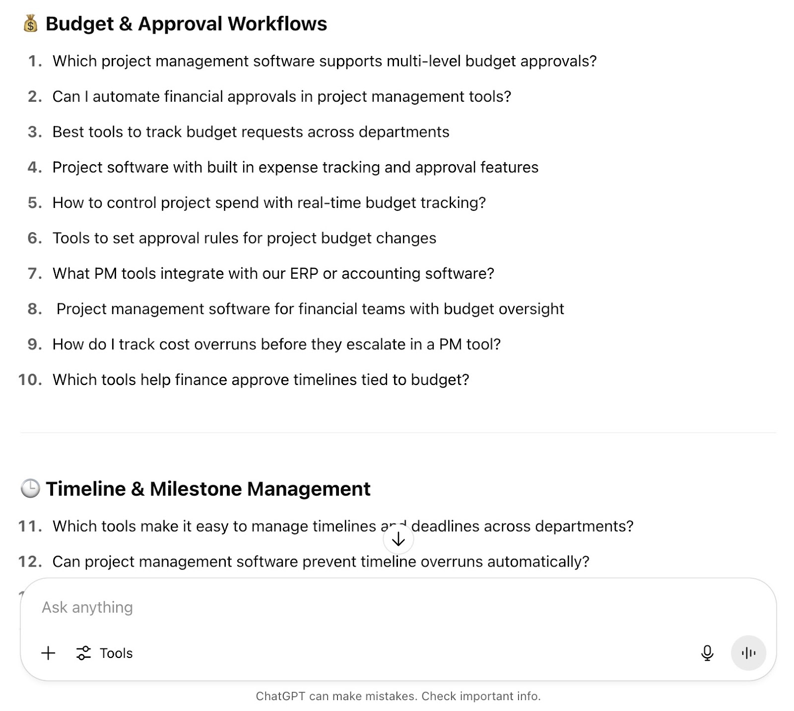 A list of 30 bottom-of-the-funnel questions for a specific target persona generated by ChatGPT based on a prompt.