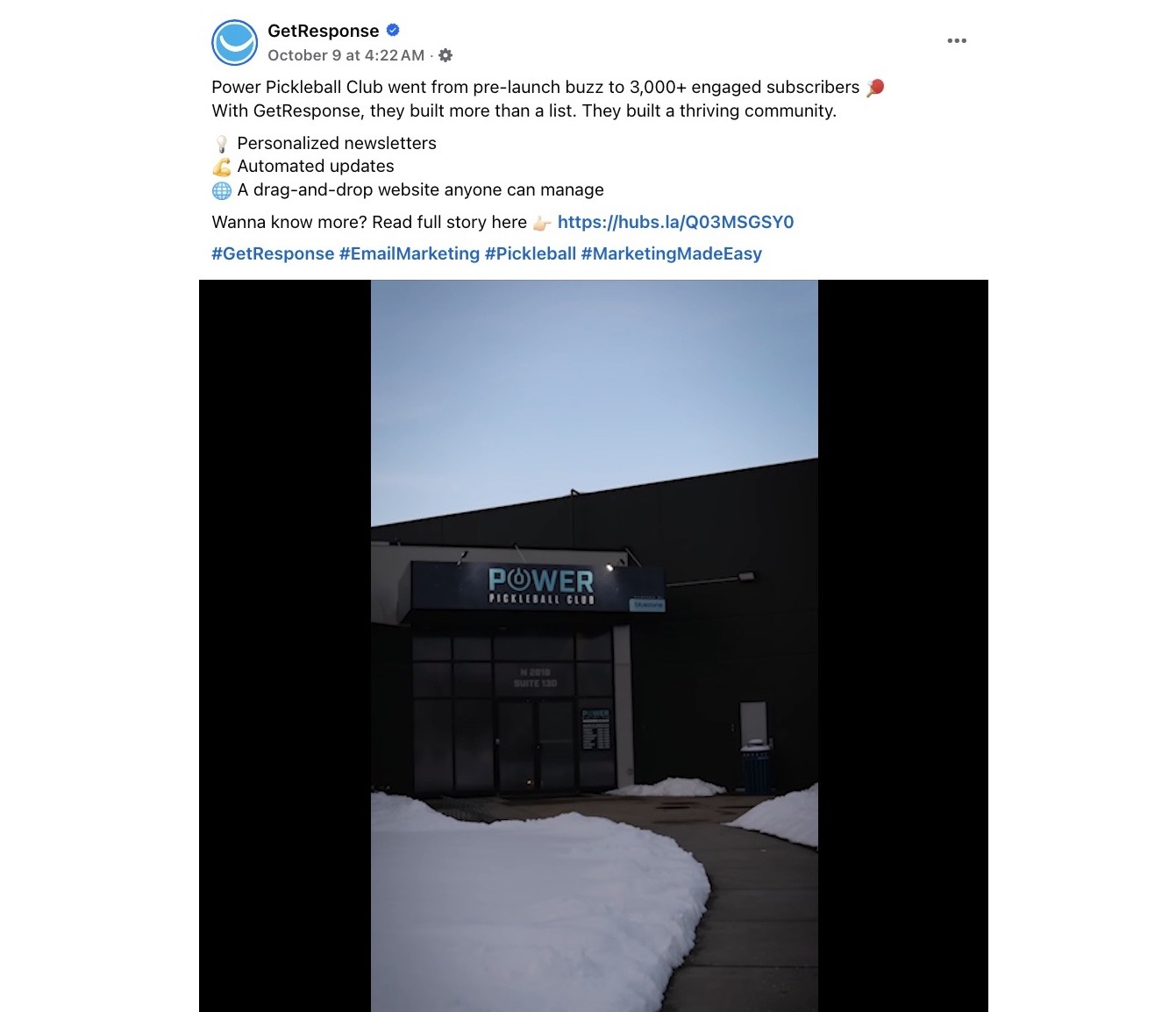 A video on Facebook by GetResponse showcasing a case study with a business that had success with their product.