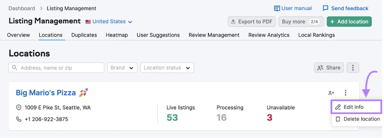 In Listing Management, select “Edit info” to change your information