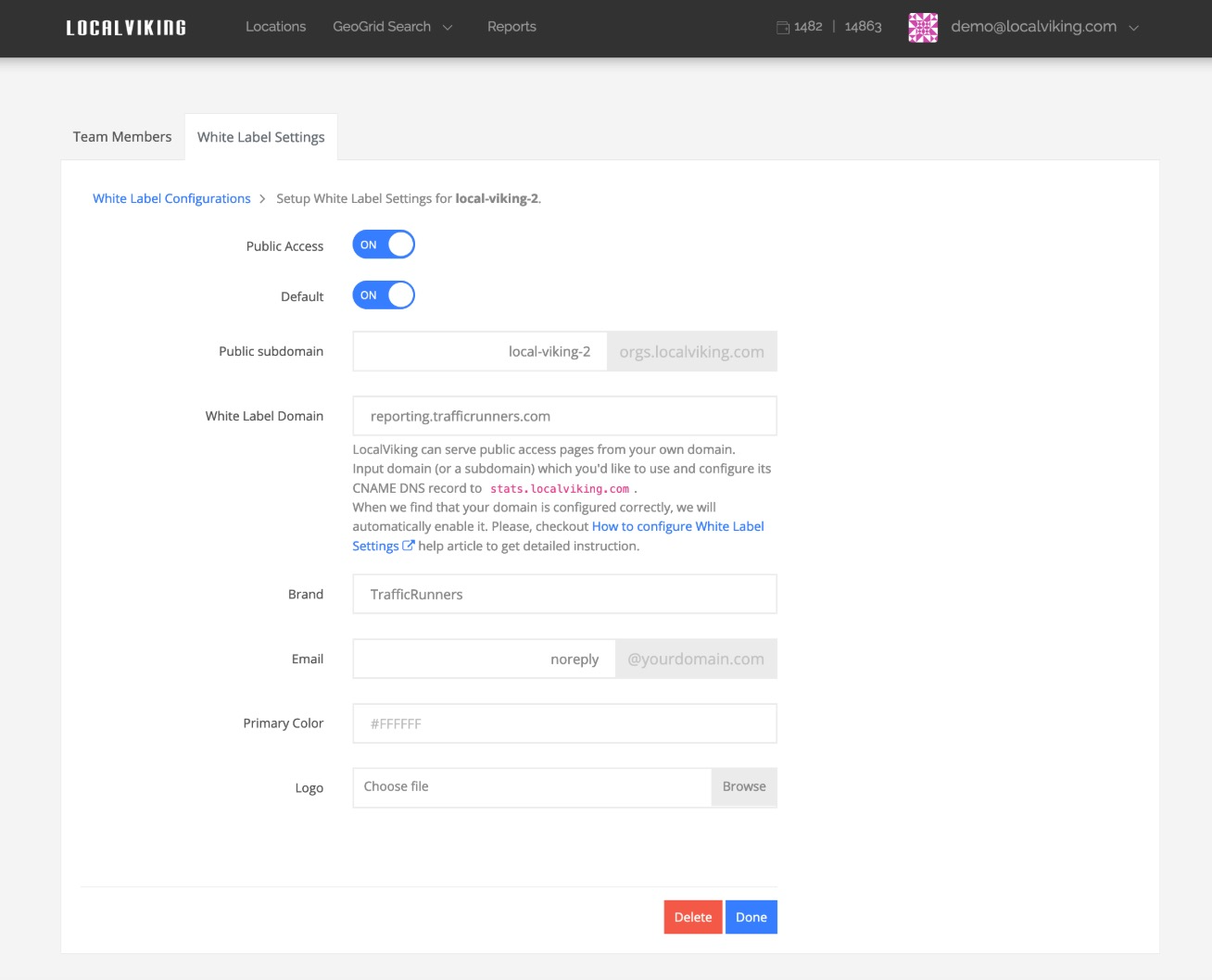 "White Label Settings" window on Local Viking with options to select branding, domain, logo, color, etc.