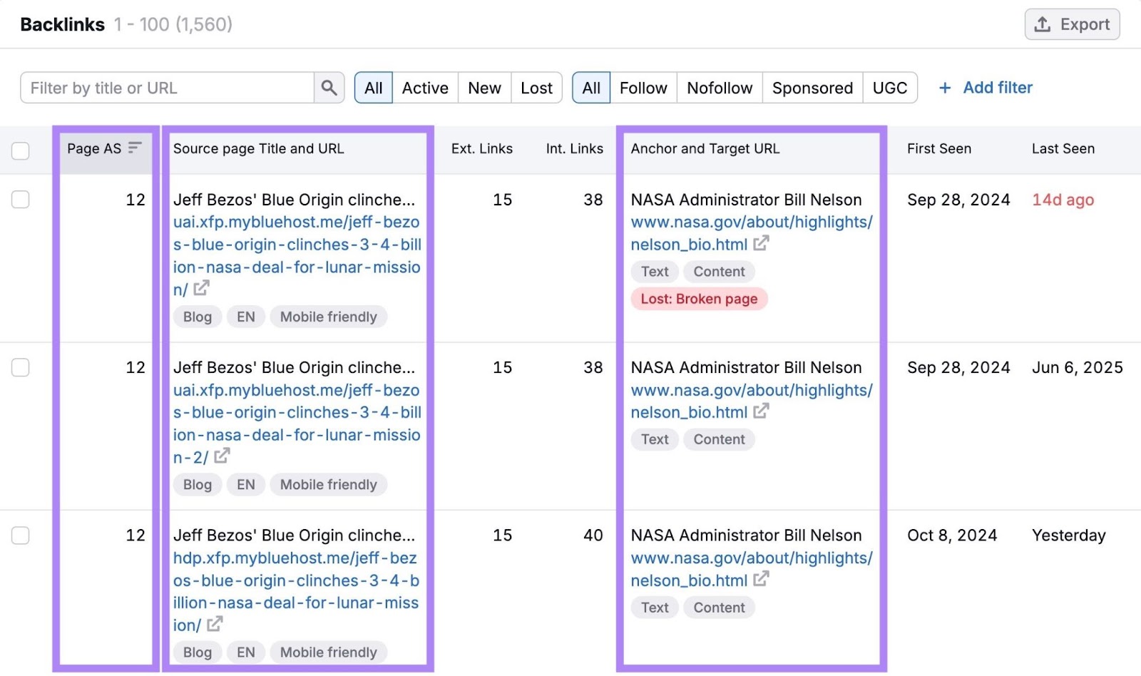Page authority score, source page title and URL, anchor and target URL columns highlighted on the "Backlinks" report in the Backlink Analytics tool.