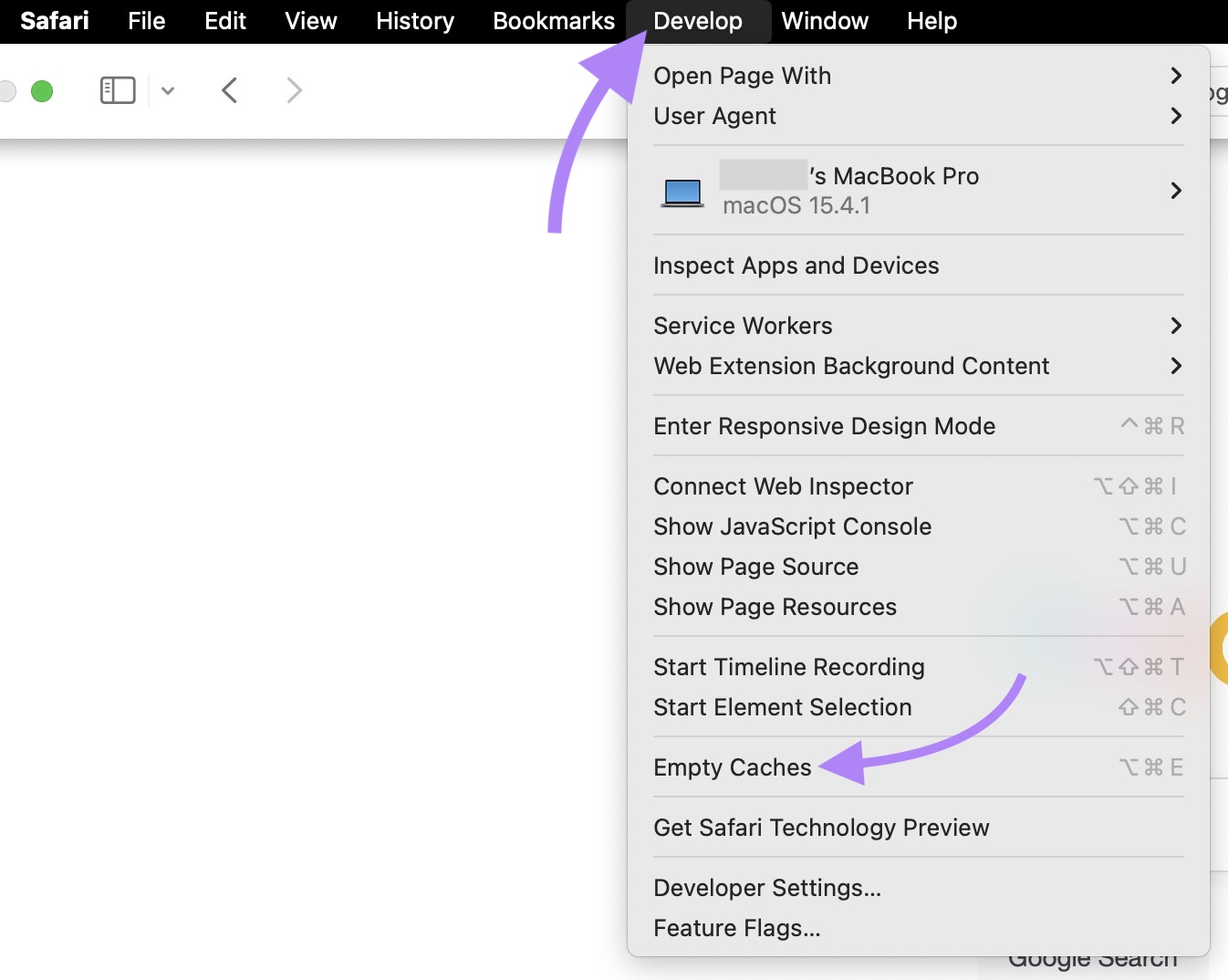"Develop" clicked in the top menu of Safari and "Empty Caches" selected from the dropdown list.