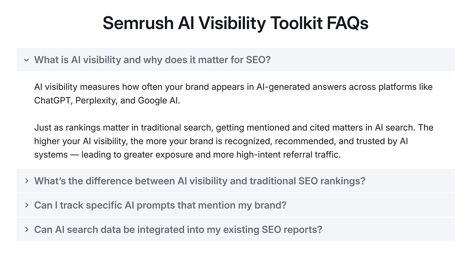 FAQ section explaining AI visibility with expandable questions below the main answer.