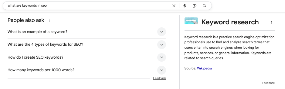 Google search result showing People also ask questions and keyword research snippet.