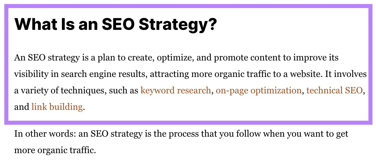 Definition of SEO strategy with mention of keyword research, on-page optimization, technical SEO, and link building.