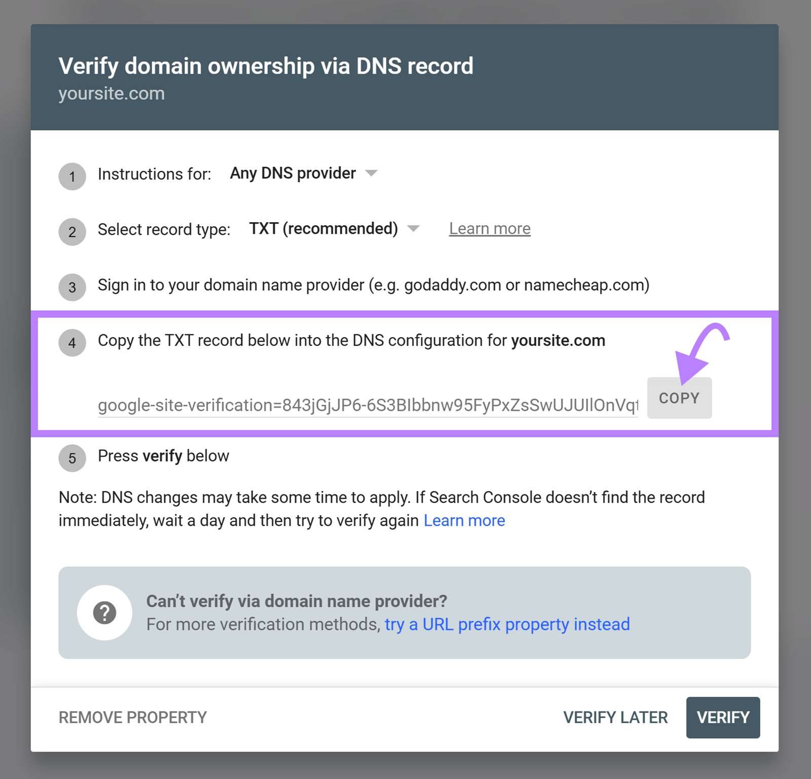 Google Search Console screen showing a TXT record for DNS domain verification and arrow pointing to Copy button.