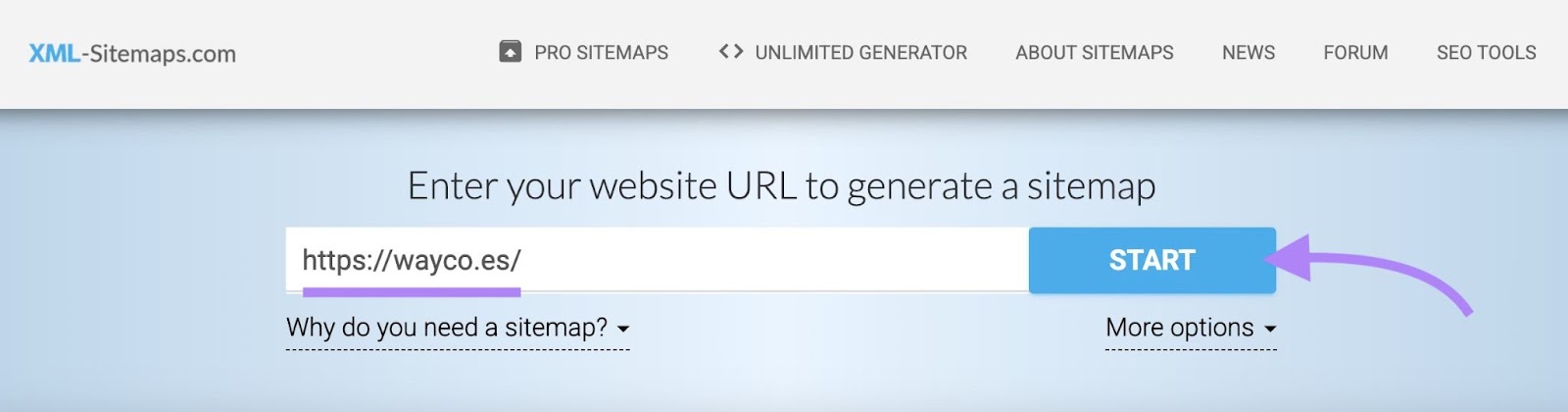 XML-Sitemaps.com tool start with a domain entered and "Start" clicked.