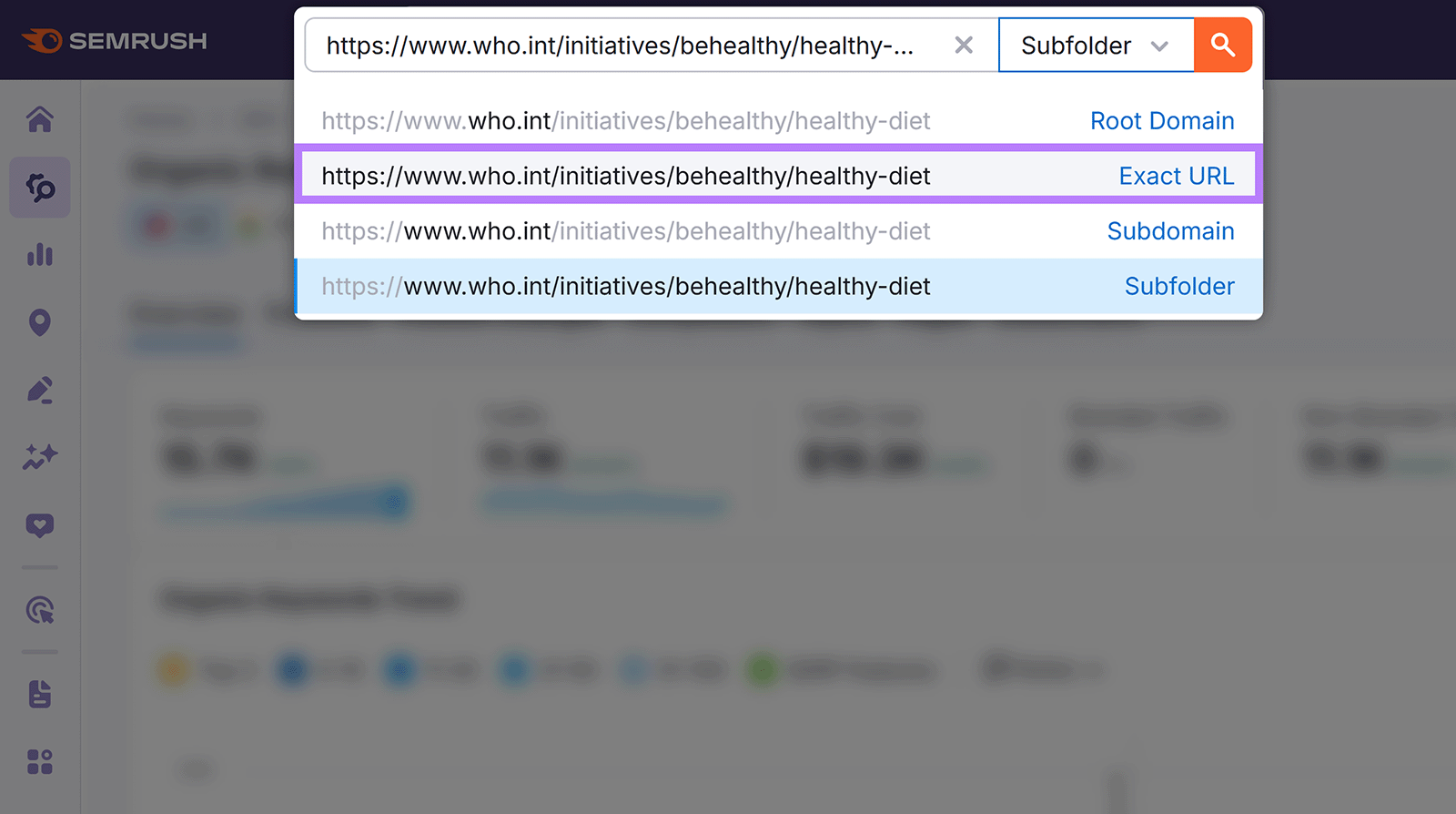 Dropdown showing a WHO URL highlighted in violet with “Exact URL” selected