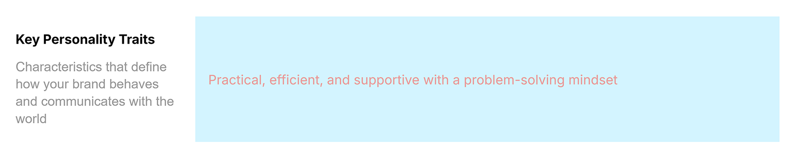 Brand persona template section describing brand personality traits as practical, efficient, and problem-solving.