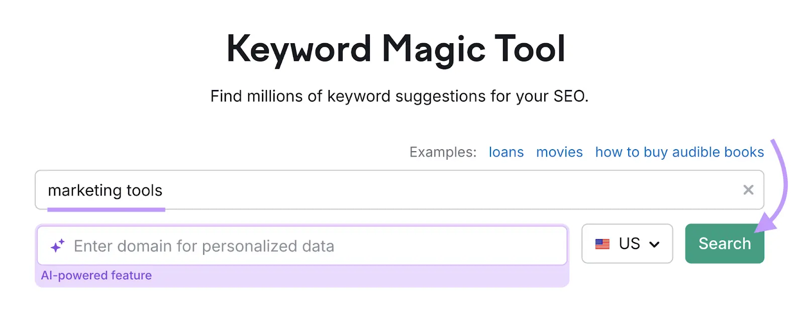 Keyword Magic Tool with "marketing tools" entered as the term and "Search" clicked.