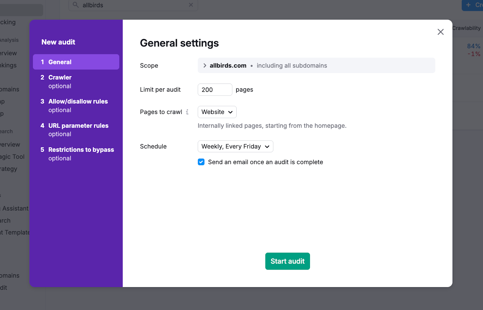 Semrush site audit start page