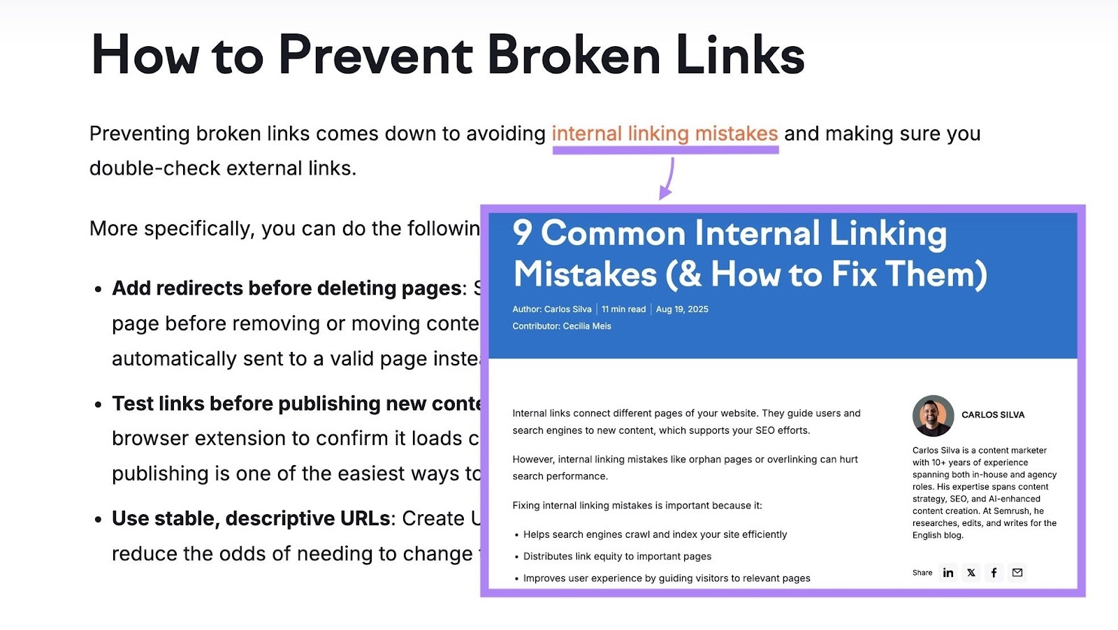 A blog post by Semrush with the anchor text “internal linking mistakes” linking users to another page on the topic that covers the topic in detail.
