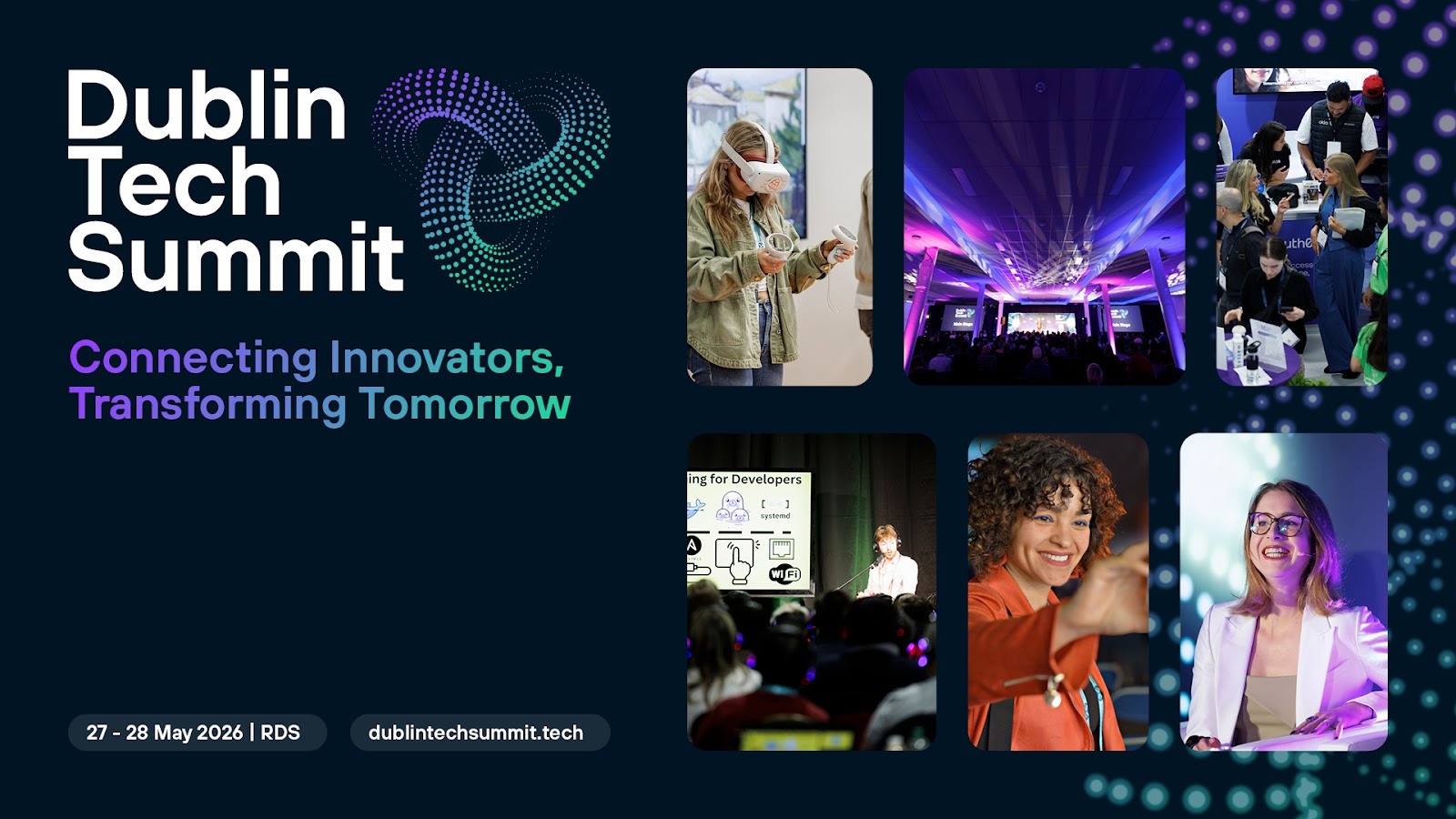 The event slogan is "connecting innovators, transforming tomorrow" and shows people smiling and attending sessions.