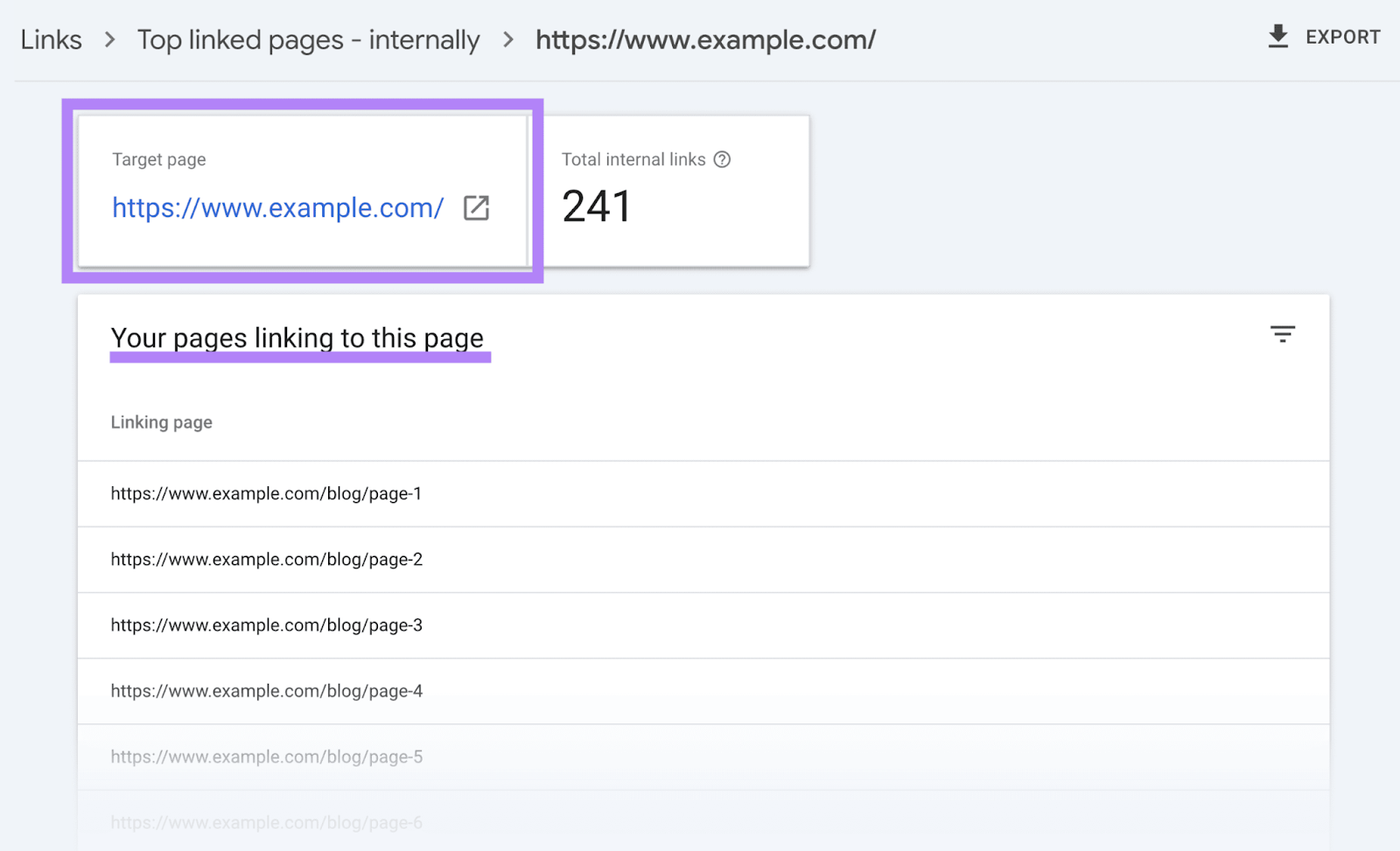 Specific link data showing "https://www.example.com" has 241 internal links