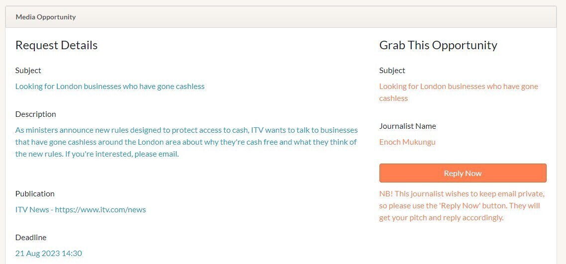 "Media opportunity" section in PressPlugs, showing "Request Details" on the left and "Grab This Opportunity" on the right.