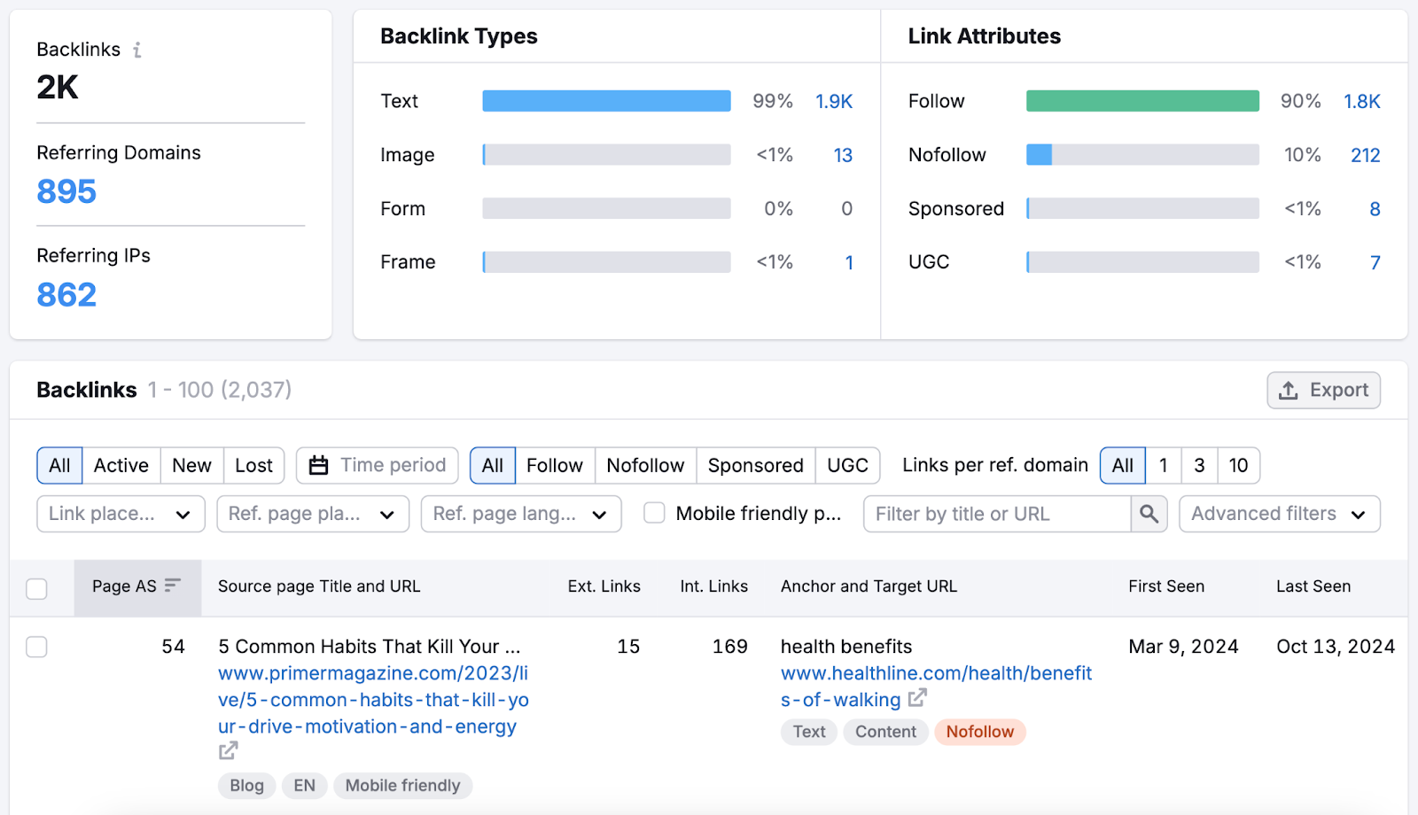 report for the broken page shows metrics like number of backlinks, referring domains, and more like anchor text and source page