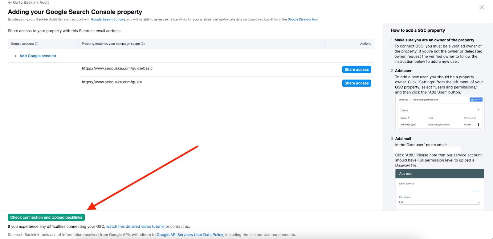 A red arrow points to the check connection and uploads backlinks button.