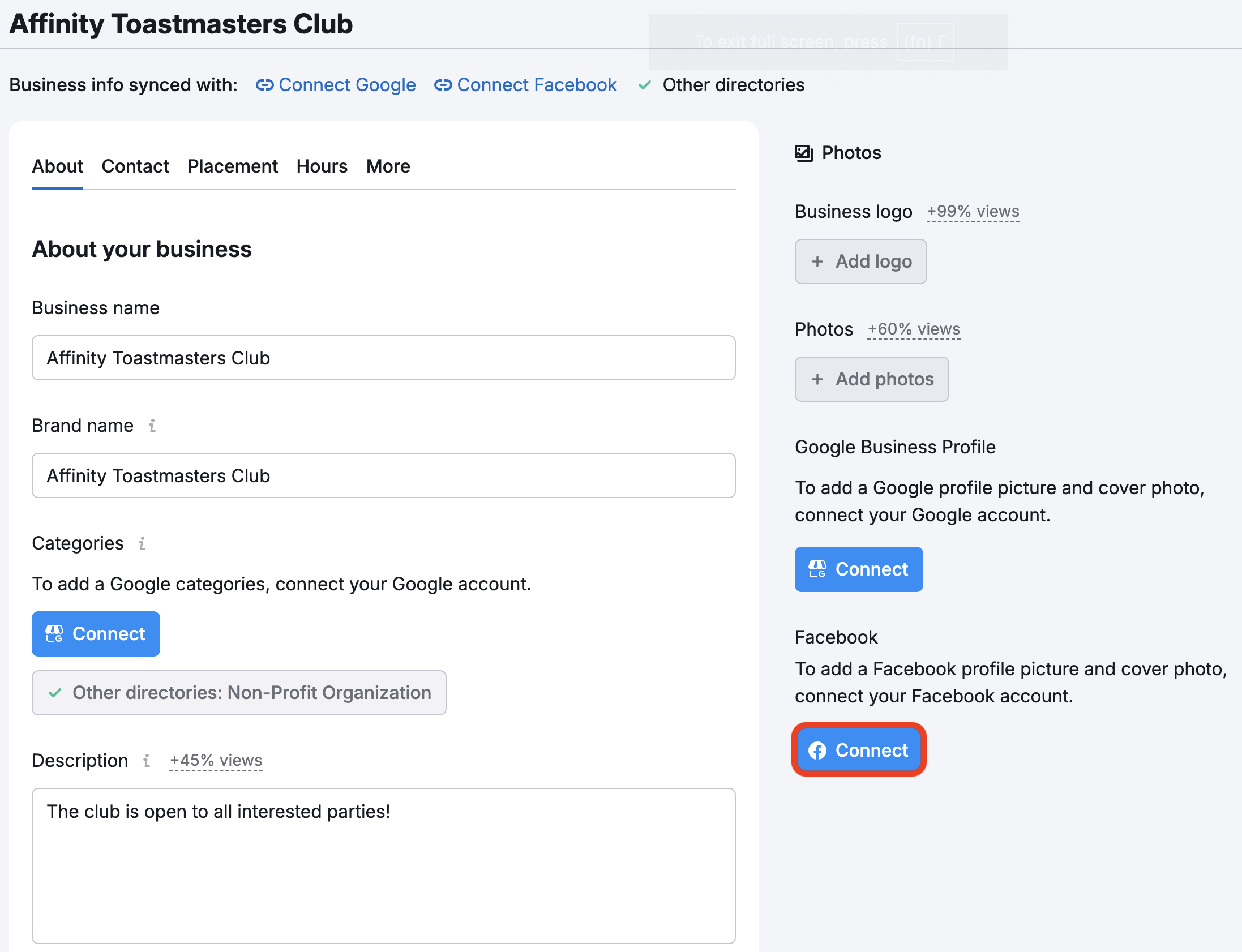 Facebook information within Edit Location.