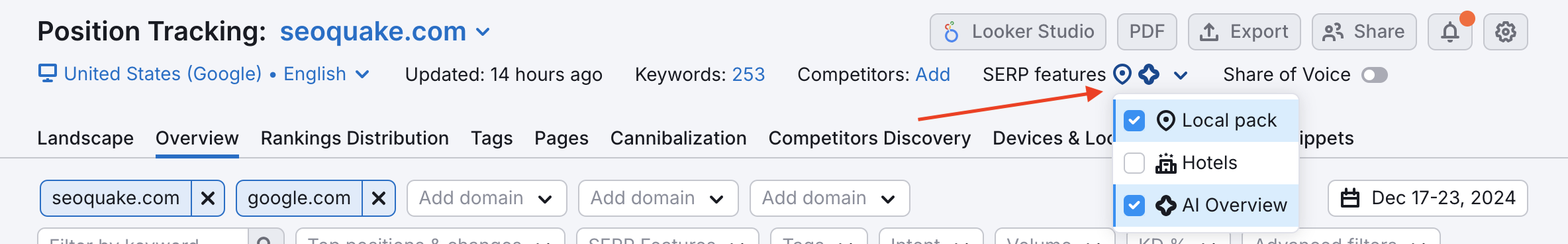 SERP features menu in Position Tracking, allowing to enable Local pack, Hotels, or AI Overview tracking.