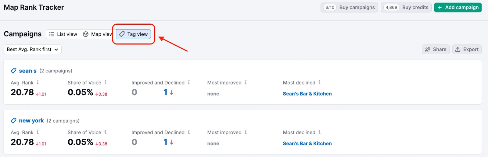 Tag view in Map Rank Tracker