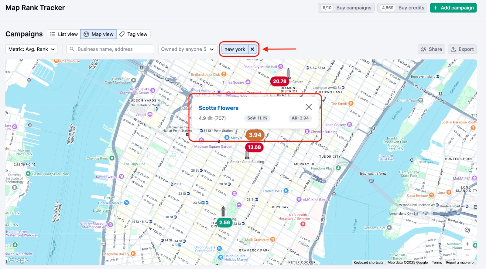 Map Rank Tracker Map view for campaigns tagged by geo area