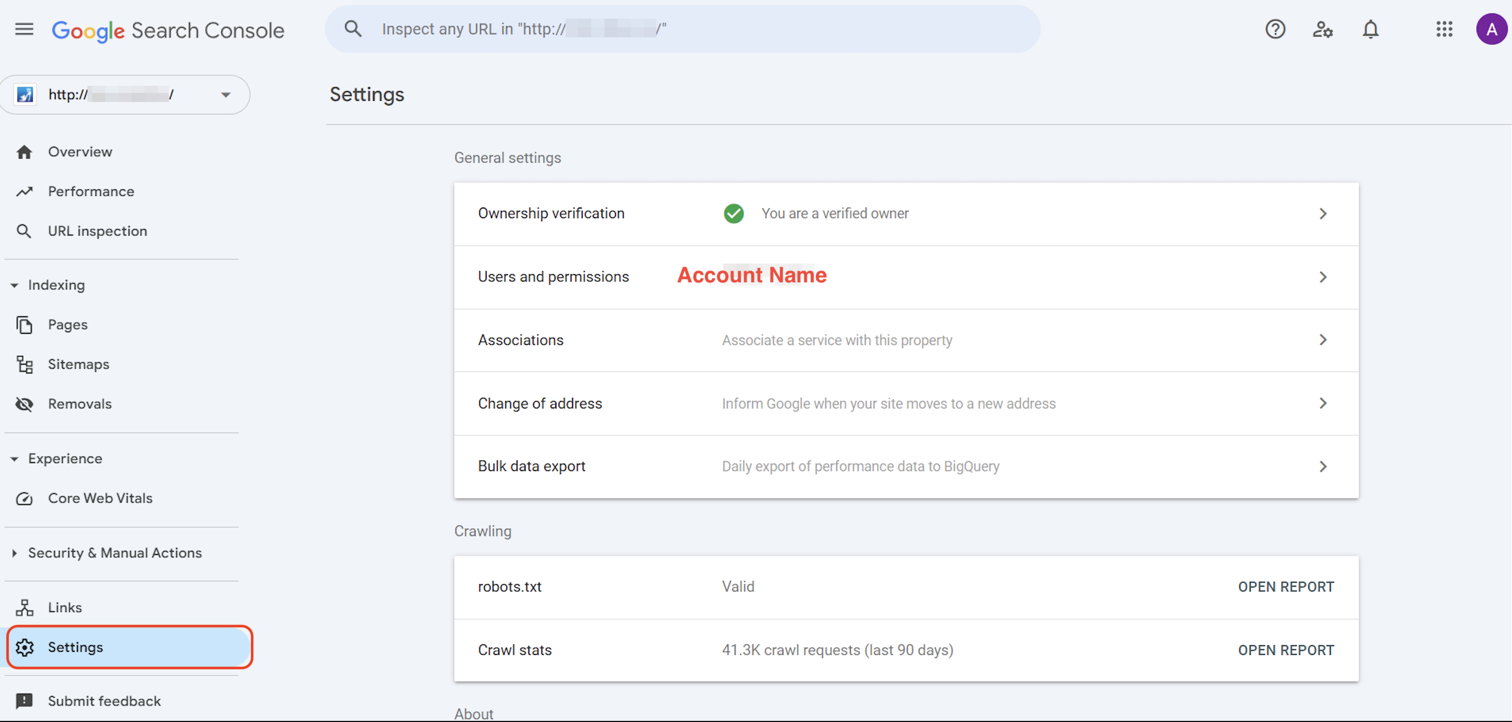 The Google Search Console settings are highlighted.