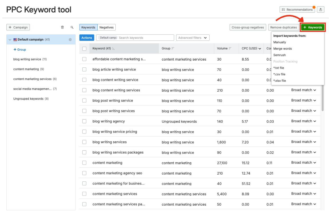 The keyword import window in the PPC Keyword Tool.
