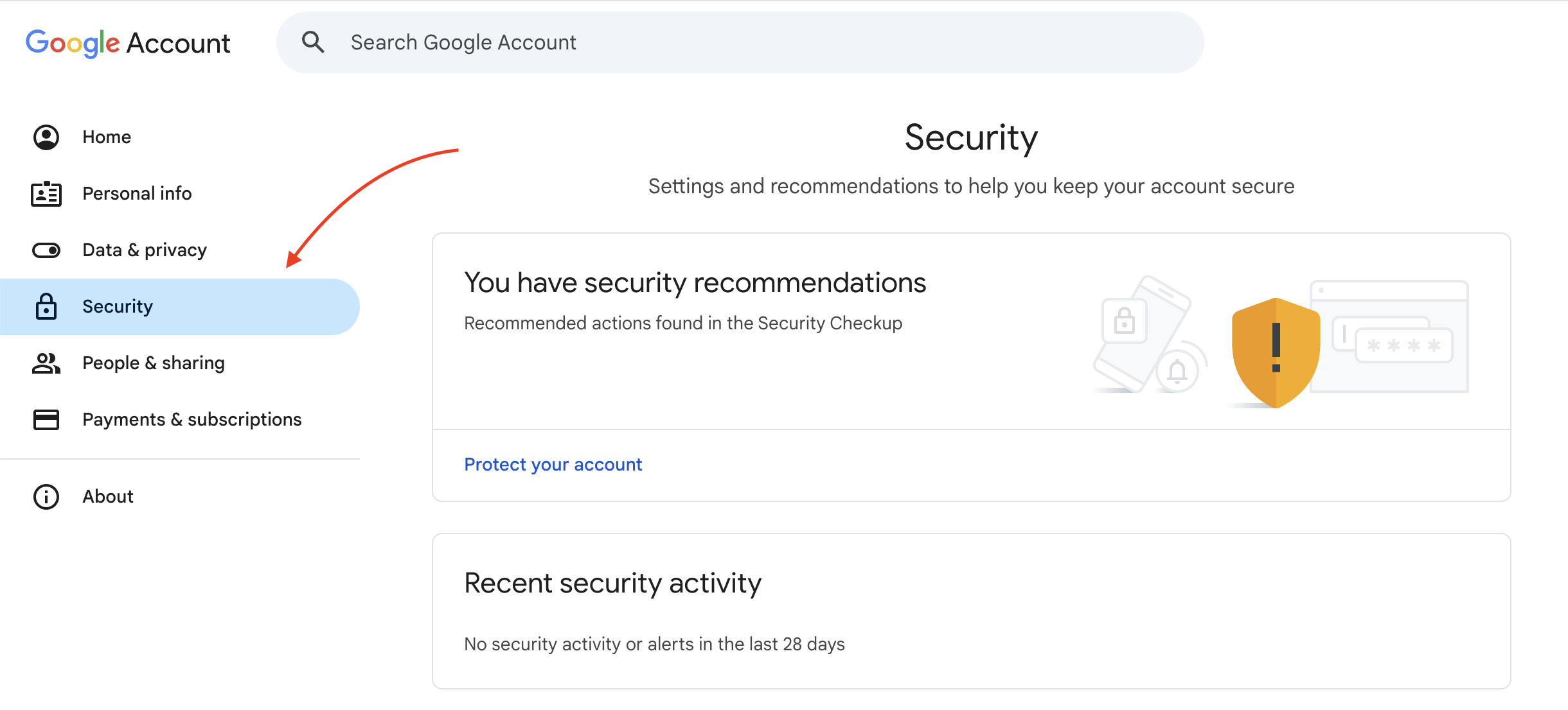 Google Account interface displaying the Security tab.