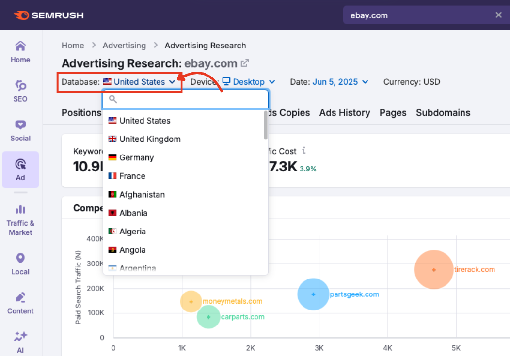 Country database selector set to United States.