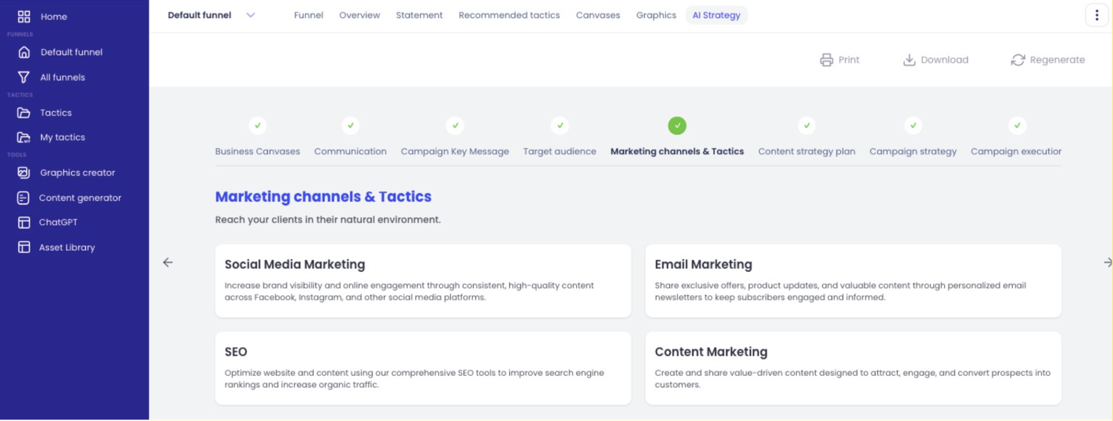 'Marketing channels & Tactics' tab within the AI Strategy section showing four boxes concentrating on social media marketing, email marketing, SEO, and content marketing. Each box includes personalized tips to optimize marketing efforts in each area.