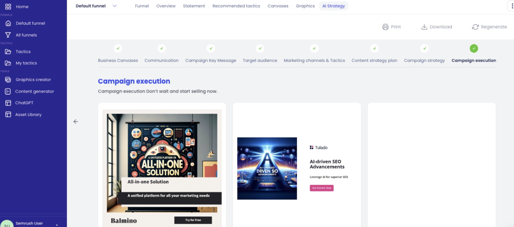 'Campaign execution' is the final tab in the AI Strategy section. The screen shows a range of marketing visuals that can be downloaded and used in campaigns.