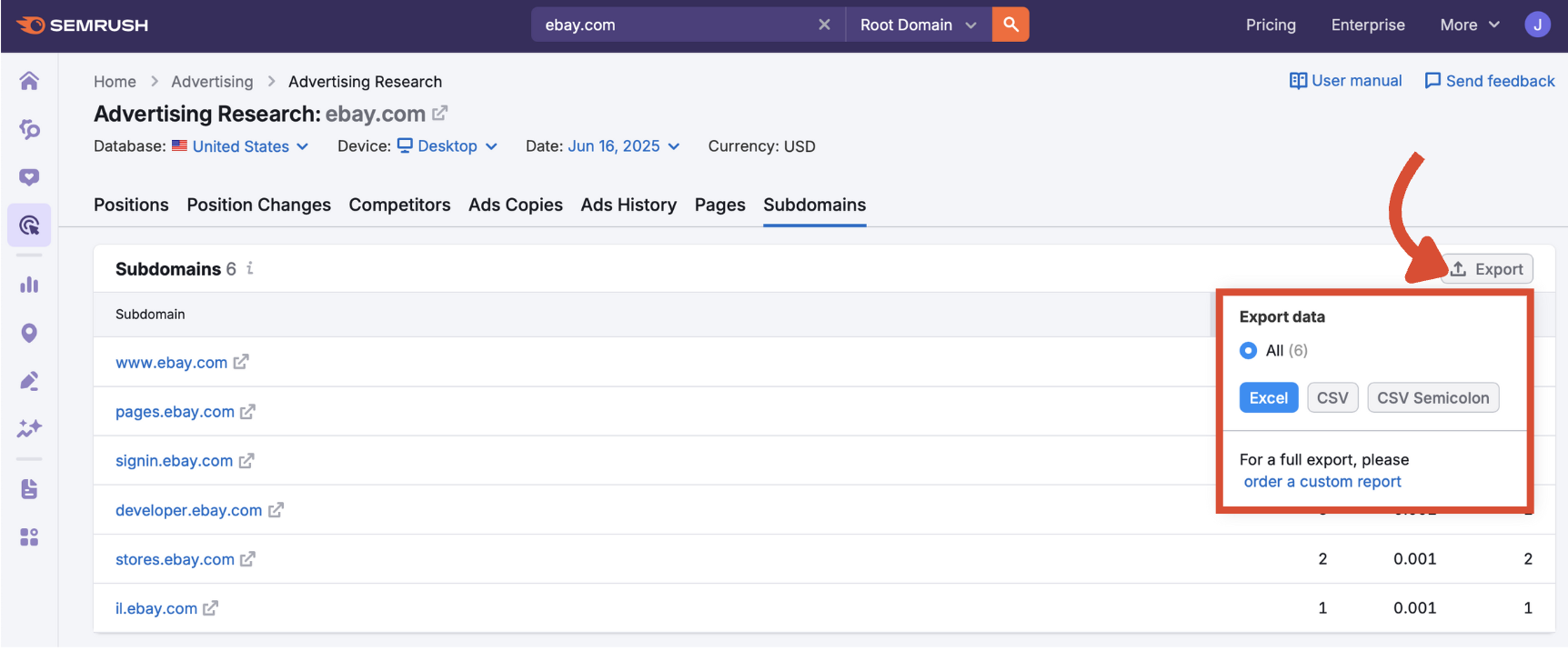 Export button in the Subdomains report with file format options.