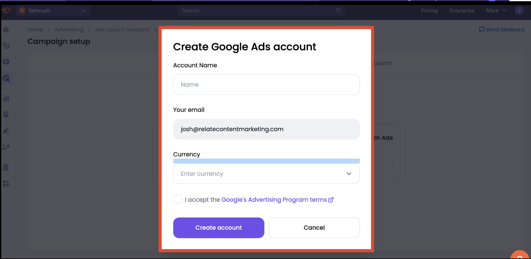 Create Google Ads account panel open with input fields visible.