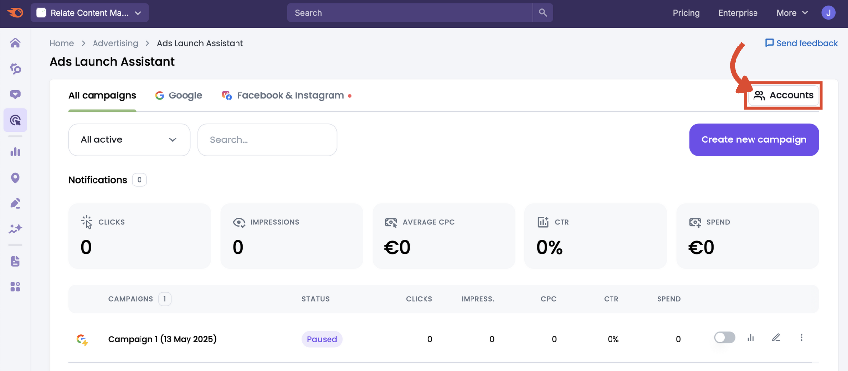  Accounts button in Ads Launch Assistant.