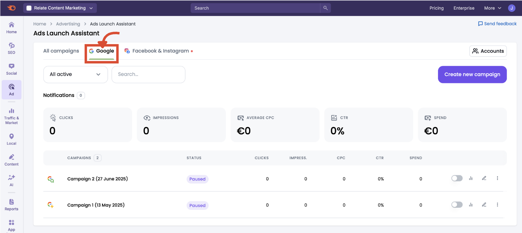 Google Ads dashboard view in Ads Launch Assistant.