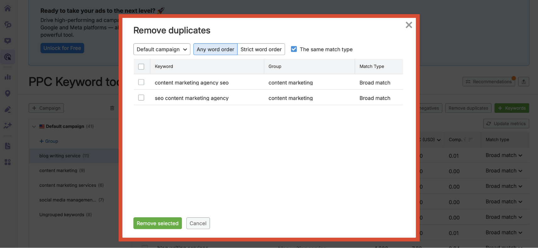 Remove duplicates window with checkbox controls and match type filter.