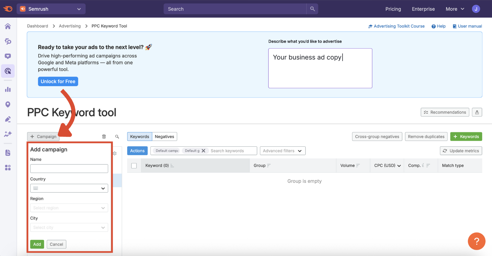 The new campaign menu in the PPC Keyword Tool.