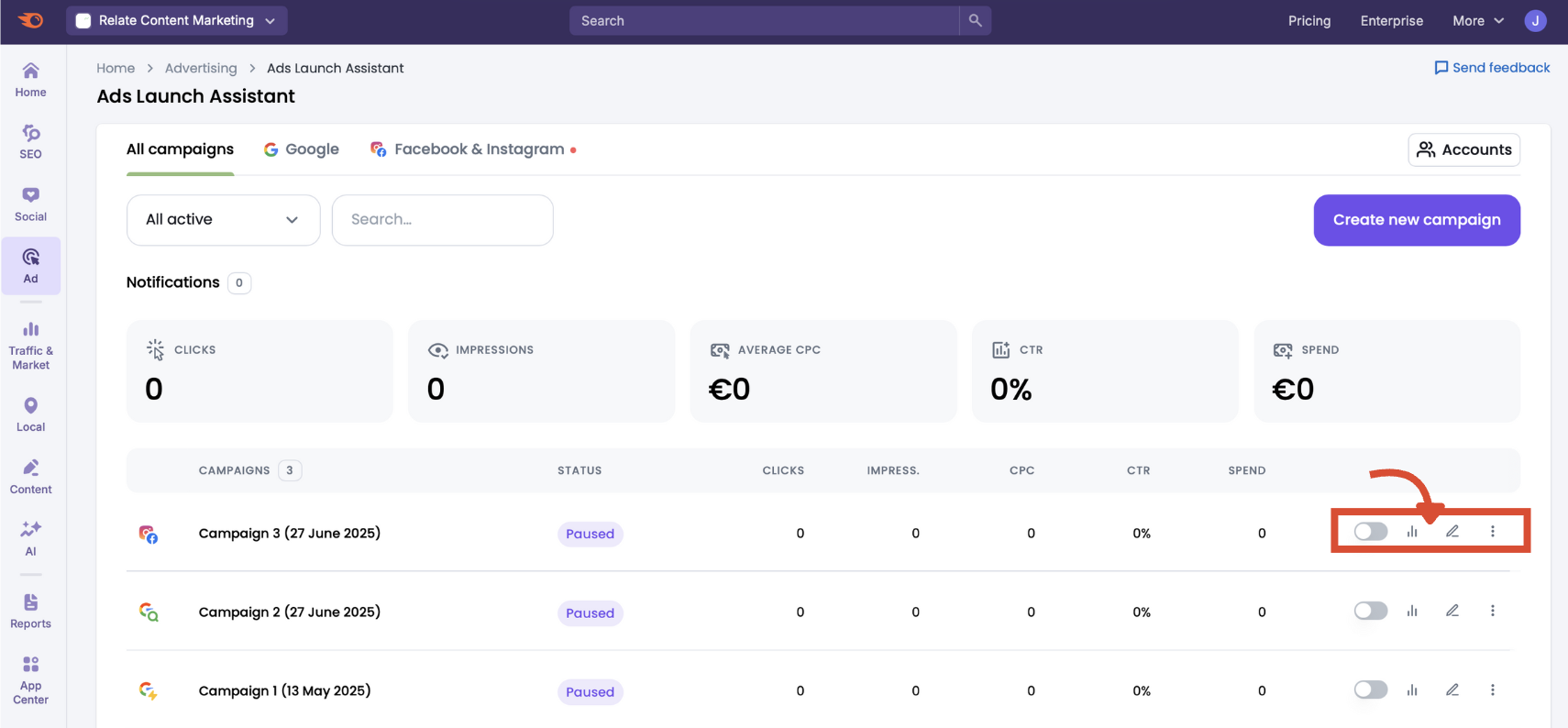 Options for managing your ad campaigns in Ads Launch Assistant.