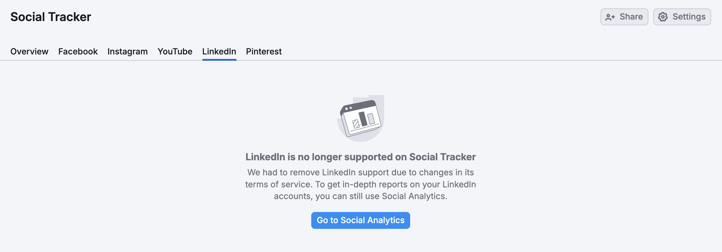 A notification in the LinkedIn report in Social tracker that the connection with this social media is no longer accessible.