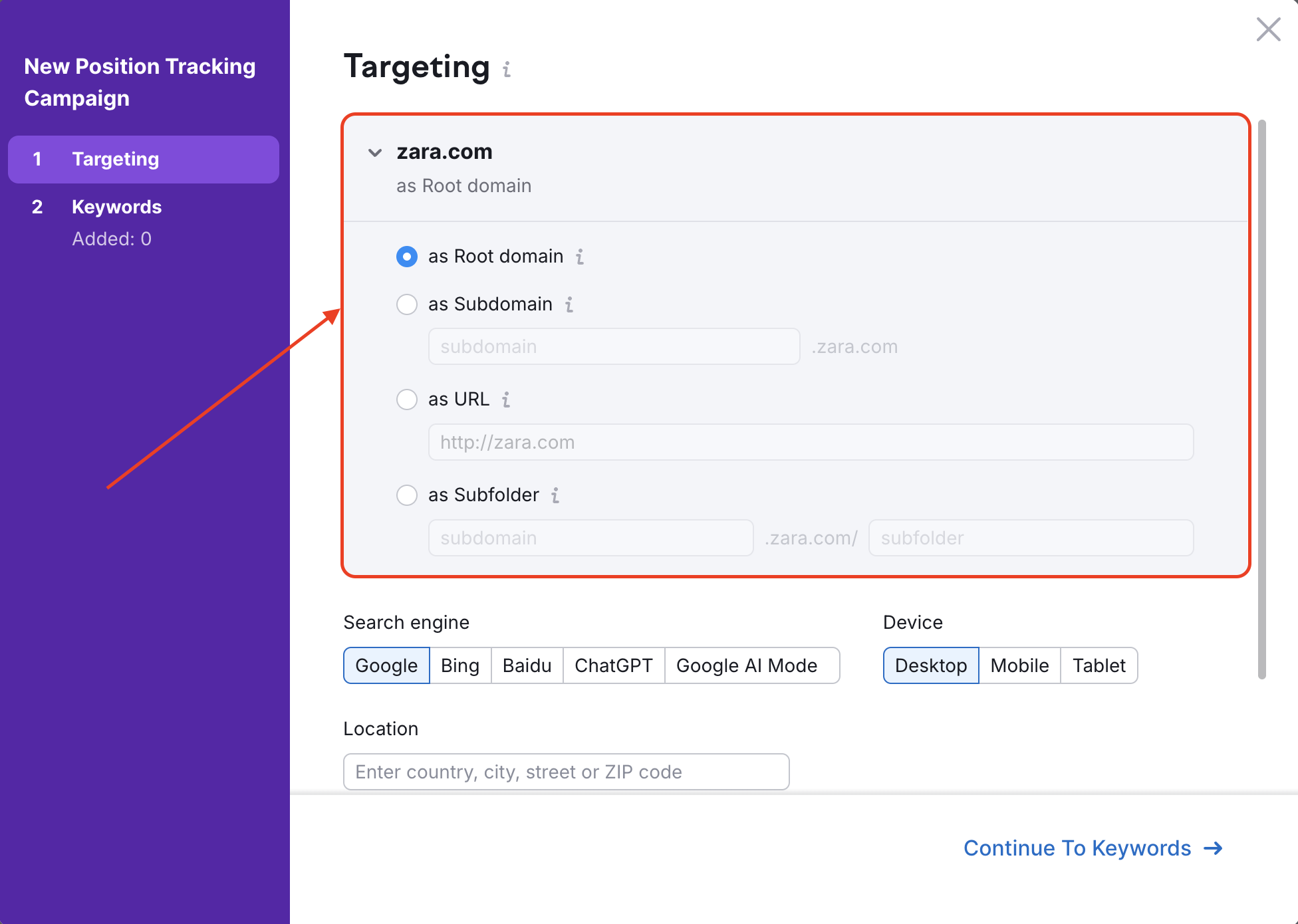 Position Tracking configuration window – Targeting. A rectangle and an arrow are highlighting the drop-down with the target selection.  