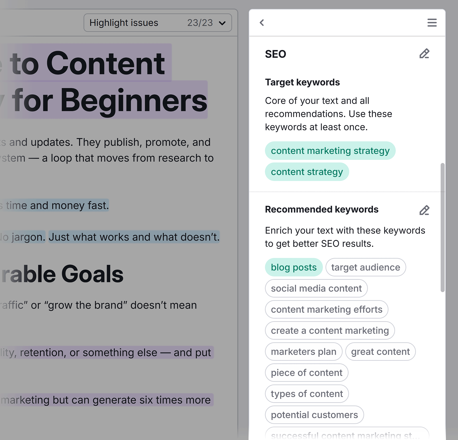 SEO section of SWA in sidebar showing Target keywords and Recommended keywords.
