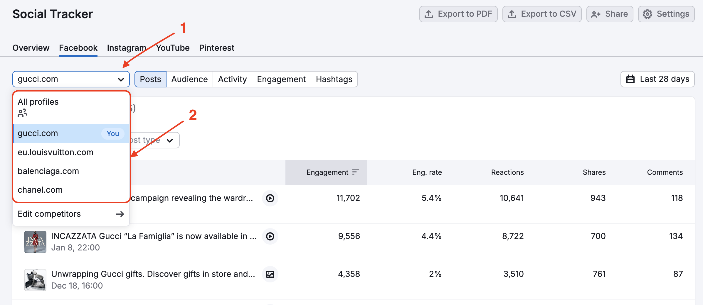 The Social Tracker Facebook report open with two red arrows&mdash;one pointing to the drop-down menu in the top-left corner of the report, where you can select the company, and the second pointing to the available options in the drop-down.