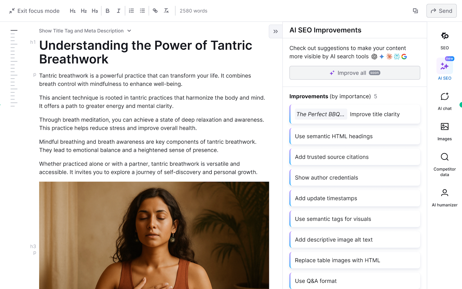 AI improvements suggested in the &ldquo;Optimize for AI Search&rdquo; workflow.